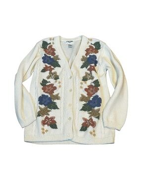 Vintage Cream Floral Embroidered Cardigan Sweater Cottagecore Forrest Fairy